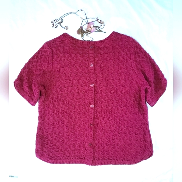 DH Raspberry Crochet Short Sleeve Top, Button-Down Back - Picture 2 of 5